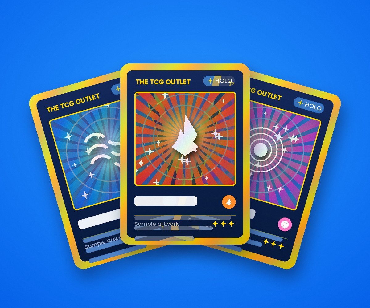 A fan of three holographic trading cards on a blue background