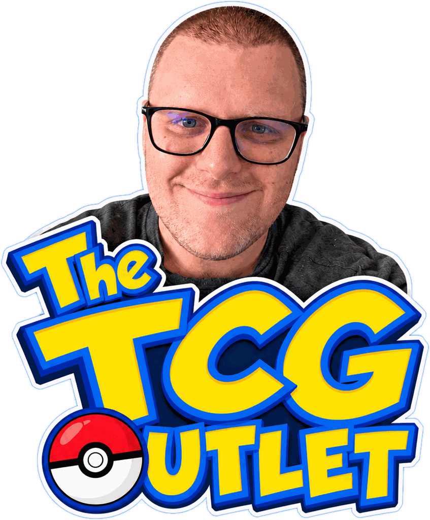 Alex, founder of The TCG Outlet, above the TCG Outlet logo